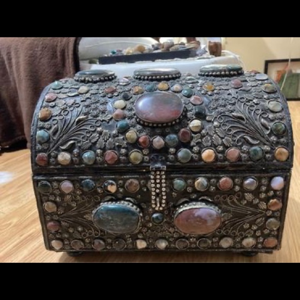 Antique Moroccan wedding trunk Hand Wrought Silver and handset stones